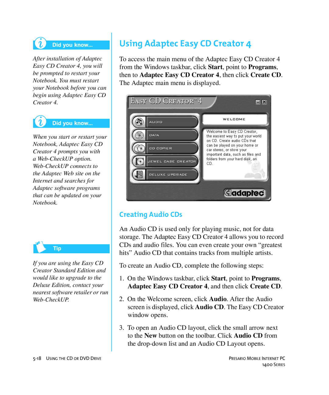 HP 14XL455 manual Using Adaptec Easy CD Creator, Creating Audio CDs 