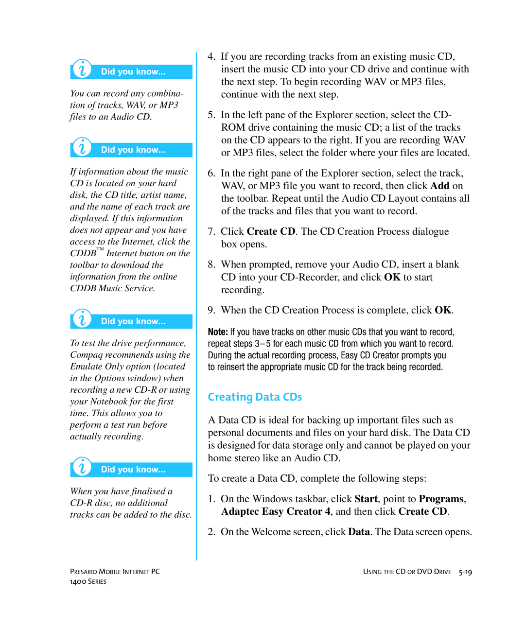 HP 14XL455 manual Creating Data CDs 