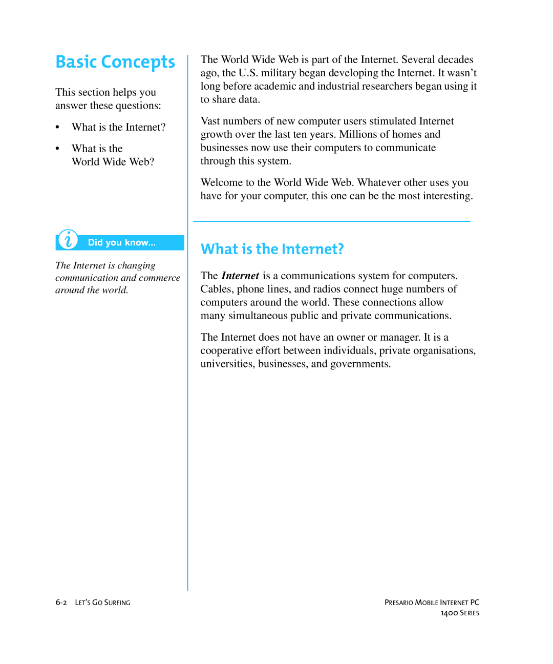 HP 14XL455 manual Basic Concepts, What is the Internet? 