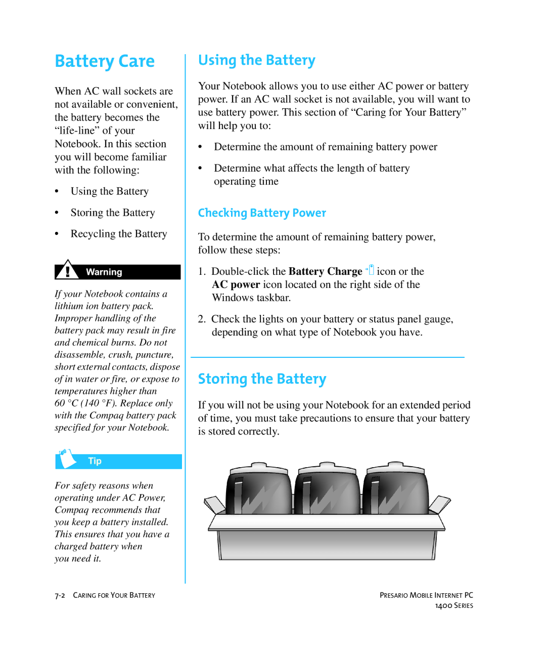 HP 14XL455 manual Battery Care, Using the Battery, Storing the Battery, Checking Battery Power 