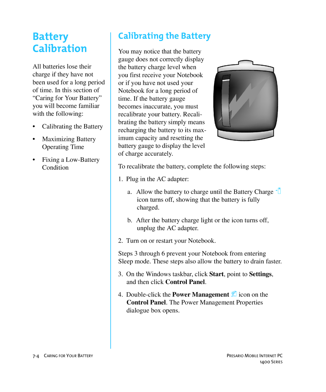 HP 14XL455 manual Battery Calibration, Calibrating the Battery 