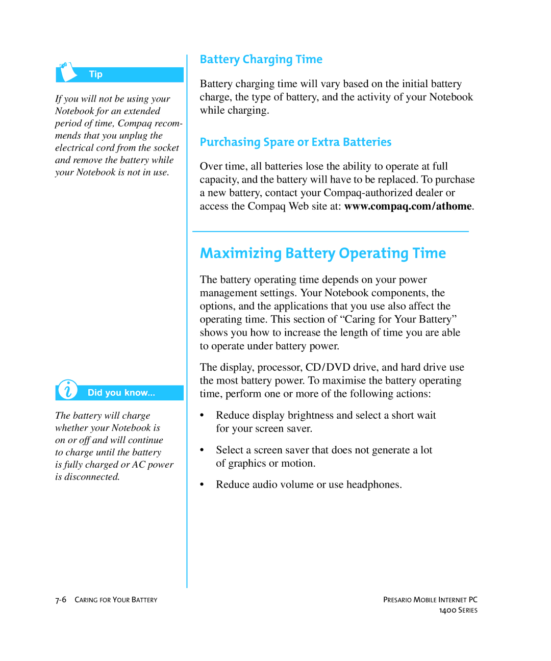 HP 14XL455 manual Maximizing Battery Operating Time, Battery Charging Time, Purchasing Spare or Extra Batteries 