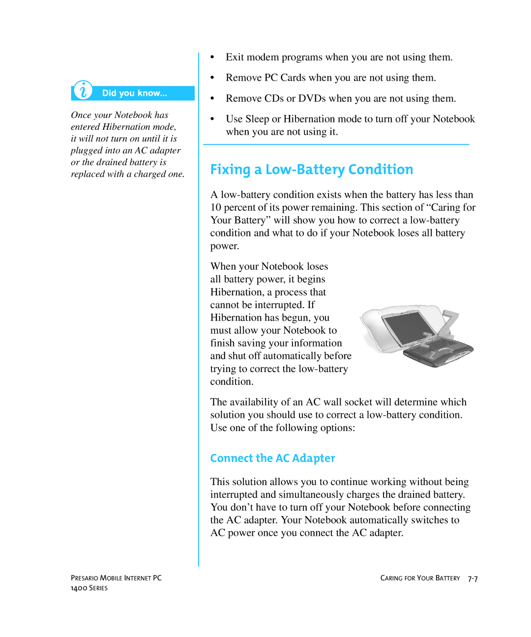 HP 14XL455 manual Fixing a Low-Battery Condition, Connect the AC Adapter 