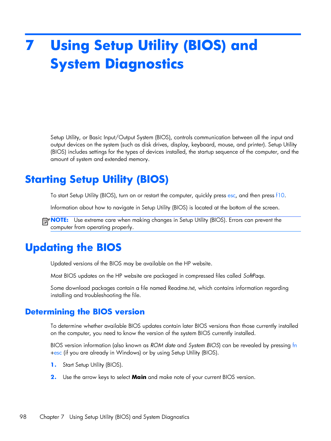 HP 15 E0L73UAABA manual Using Setup Utility Bios and System Diagnostics, Starting Setup Utility Bios, Updating the Bios 