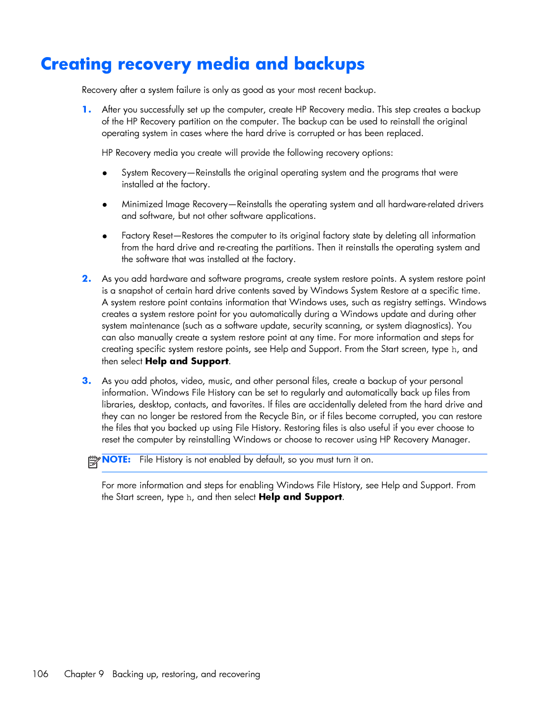 HP 15 E0M61UAABA, 15 E0L73UAABA, 15 E0L75UAABA manual Creating recovery media and backups 