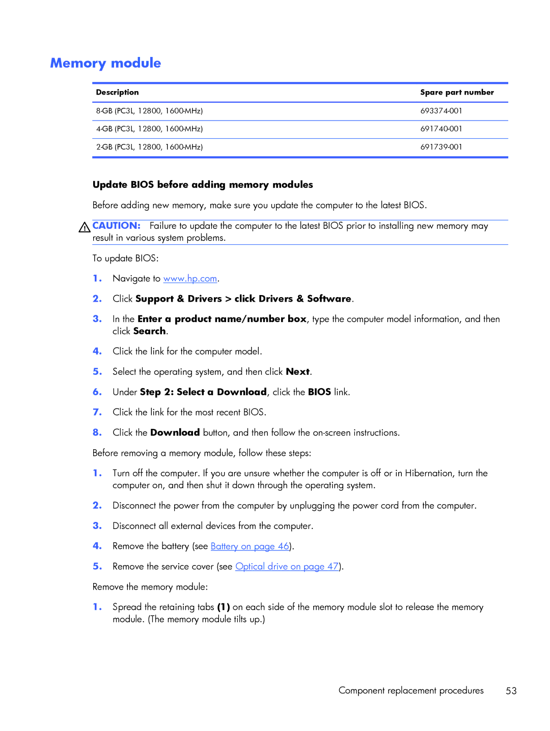 HP 15 E0L73UAABA, 15 E0M61UAABA, 15 E0L75UAABA manual Memory module, Update Bios before adding memory modules 