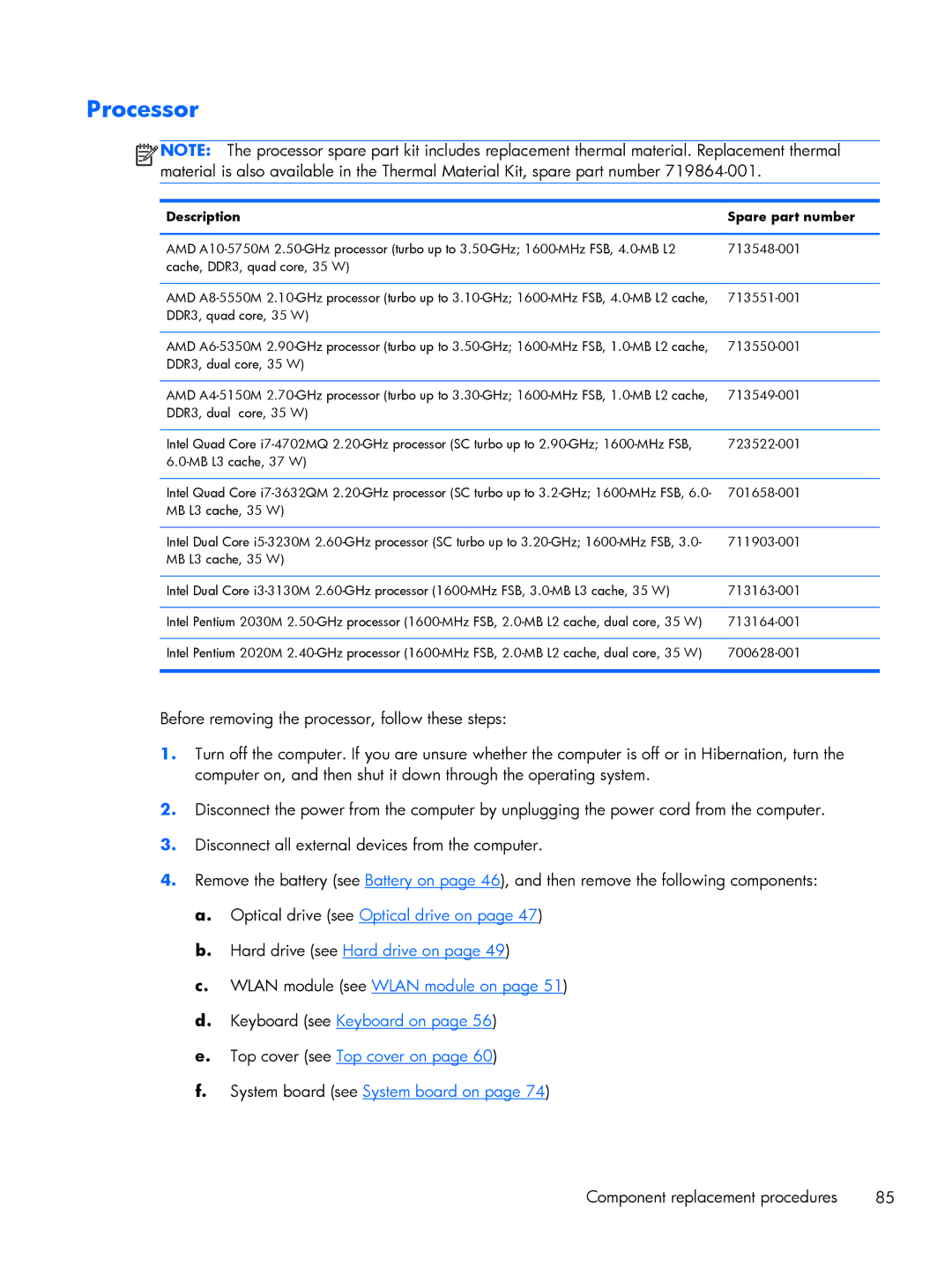 HP 15 E0M61UAABA, 15 E0L73UAABA, 15 E0L75UAABA manual Processor, Description Spare part number 