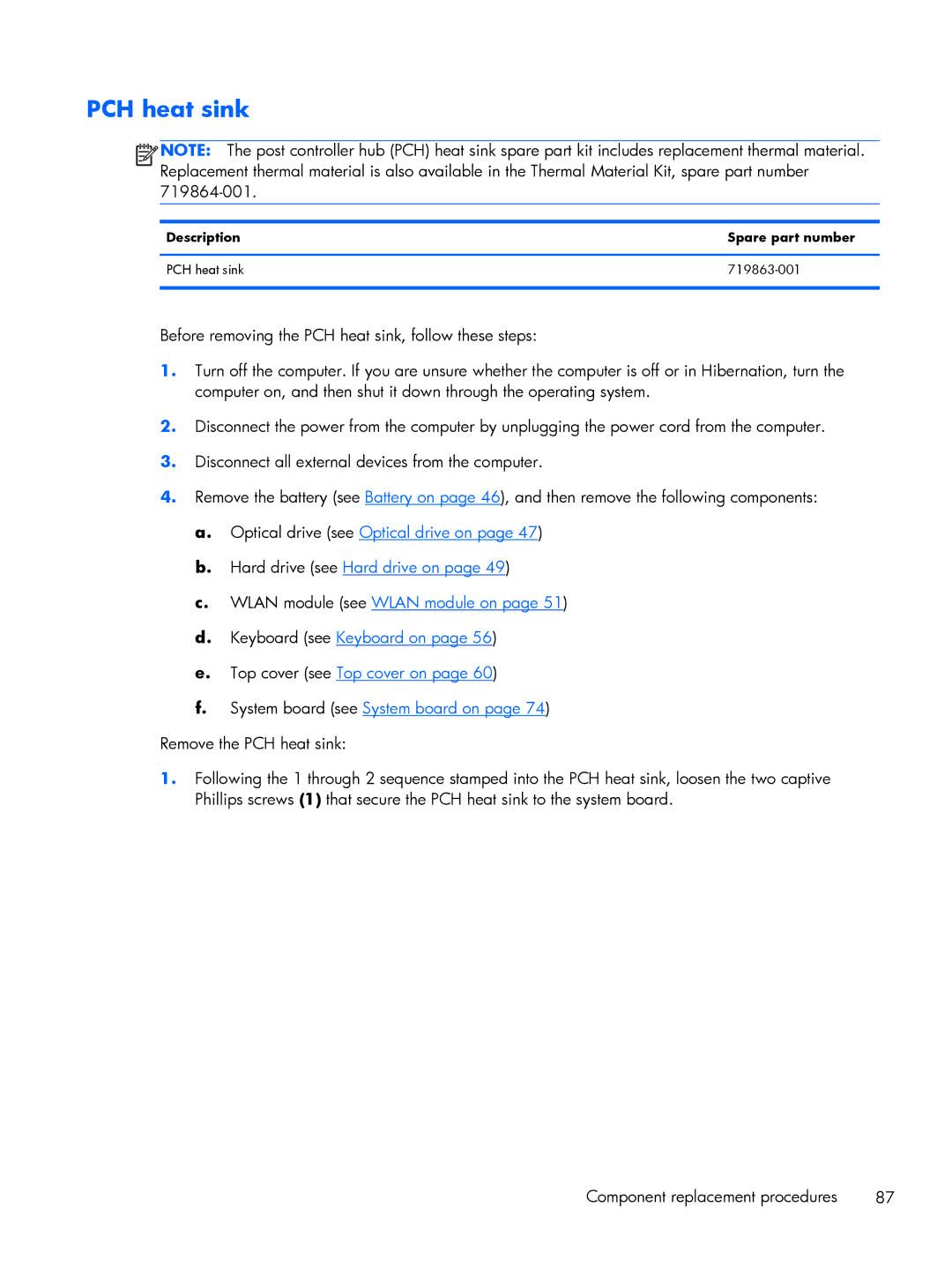 HP 15 E0L75UAABA, 15 E0M61UAABA, 15 E0L73UAABA manual Description Spare part number PCH heat sink 719863-001 