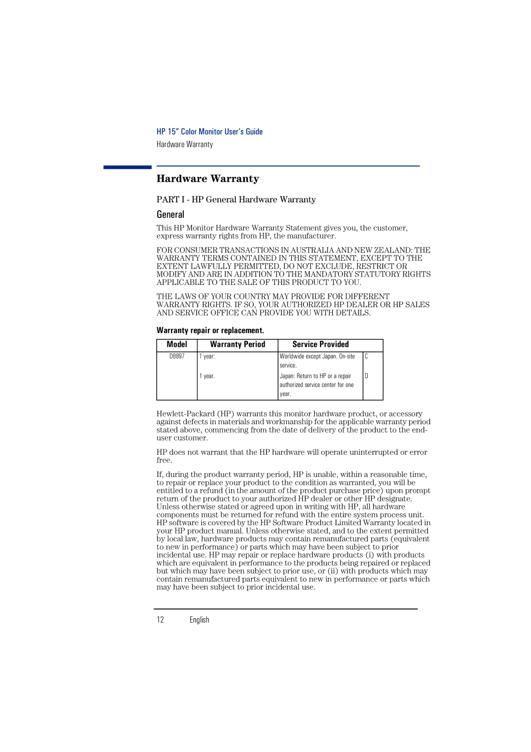 HP 15-inch55 manual Hardware Warranty, General 