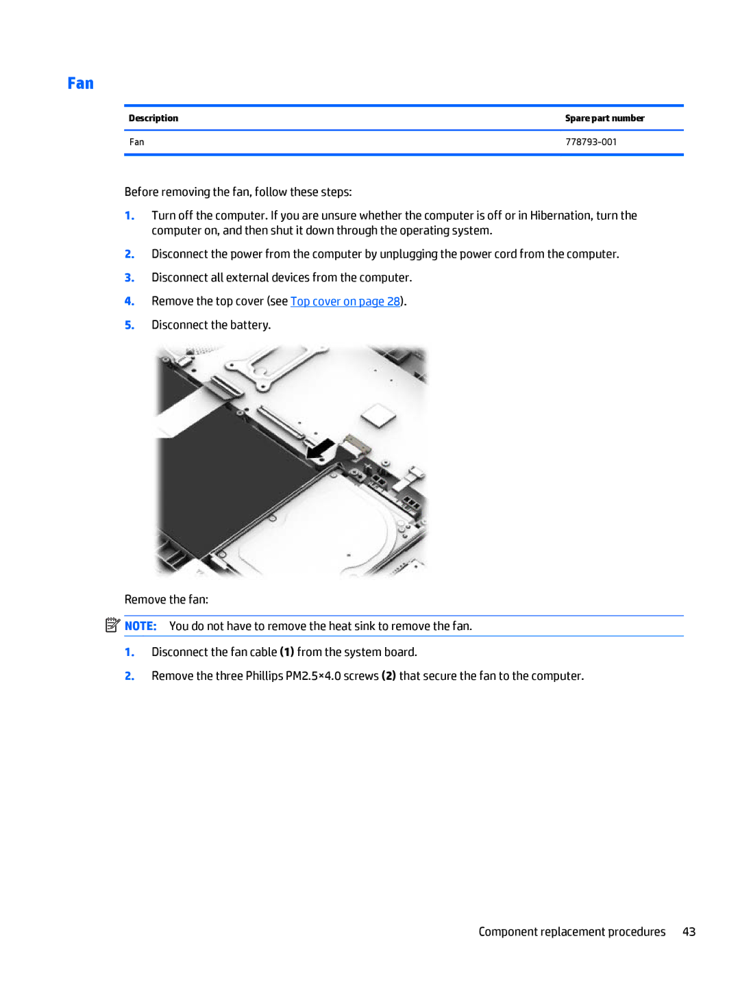 HP 15t-u000 x360, 15-u011dx x360, 15-u050ca x360, 15-u002xx x360 manual Description Spare part number Fan 778793-001 