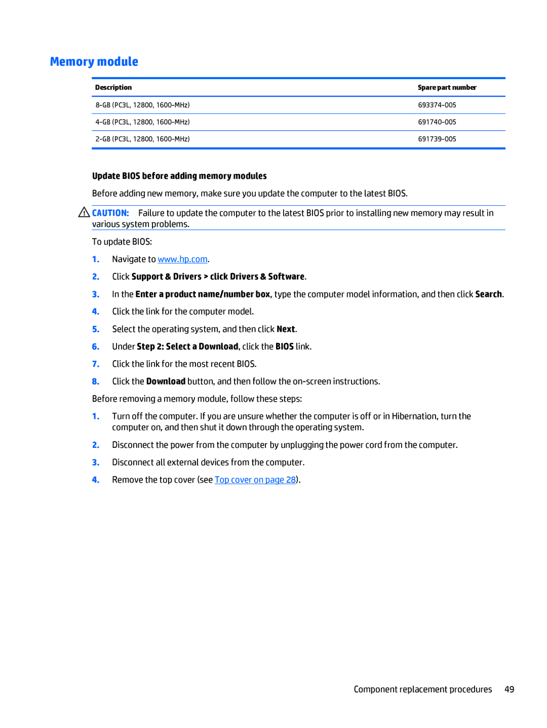 HP 15-u050ca x360, 15-u011dx x360, 15-u002xx x360, 15t-u000 x360 Memory module, Update Bios before adding memory modules 