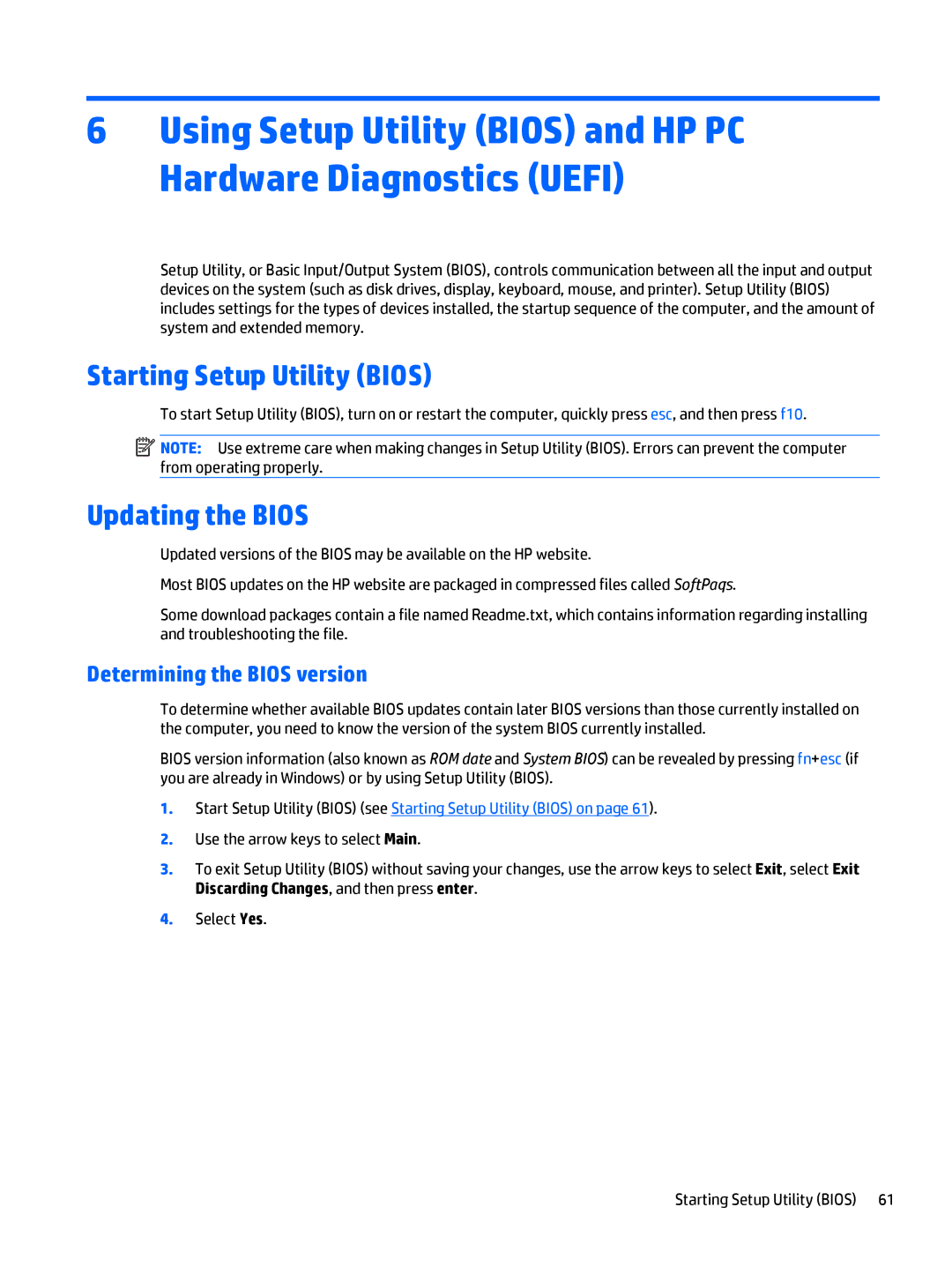 HP 15-u050ca x360, 15-u011dx x360 manual Starting Setup Utility Bios, Updating the Bios, Determining the Bios version 