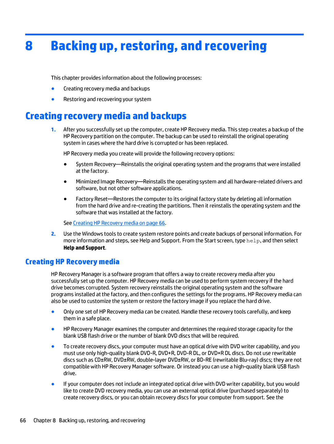 HP 15-u002xx x360 Backing up, restoring, and recovering, Creating recovery media and backups, Creating HP Recovery media 