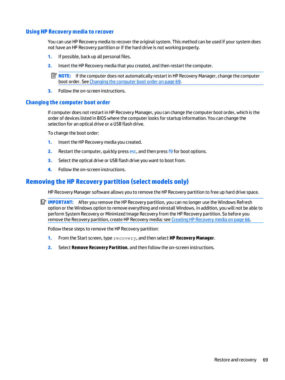 HP 15-u050ca x360, 15t-u000 x360 Removing the HP Recovery partition select models only, Using HP Recovery media to recover 