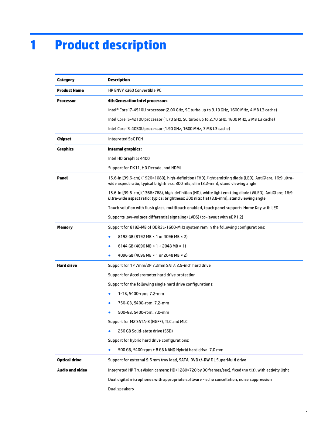 HP 15-u050ca x360, 15-u011dx x360, 15-u002xx x360, 15t-u000 x360 manual Product description 