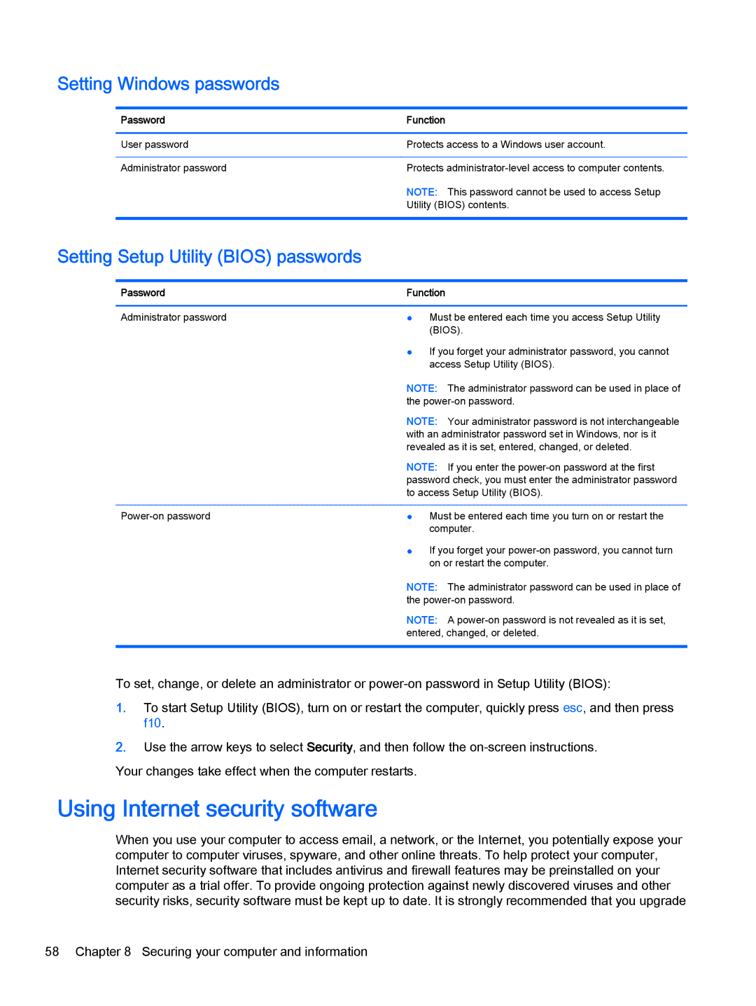 HP 15-u002xx x360 manual Using Internet security software, Setting Windows passwords, Setting Setup Utility Bios passwords 