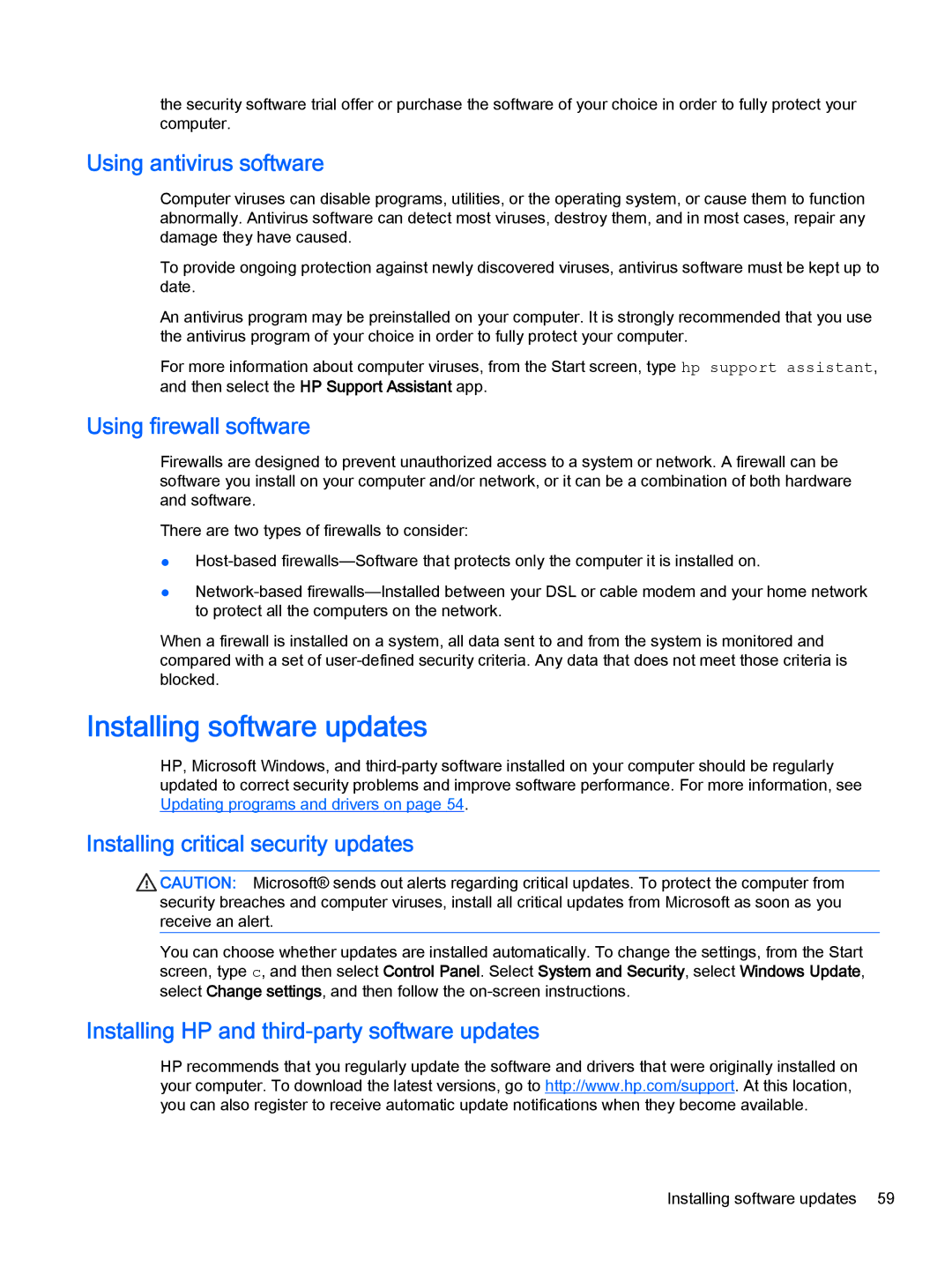 HP 15-u001xx x360, 15-u011dx x360 manual Installing software updates, Using antivirus software, Using firewall software 