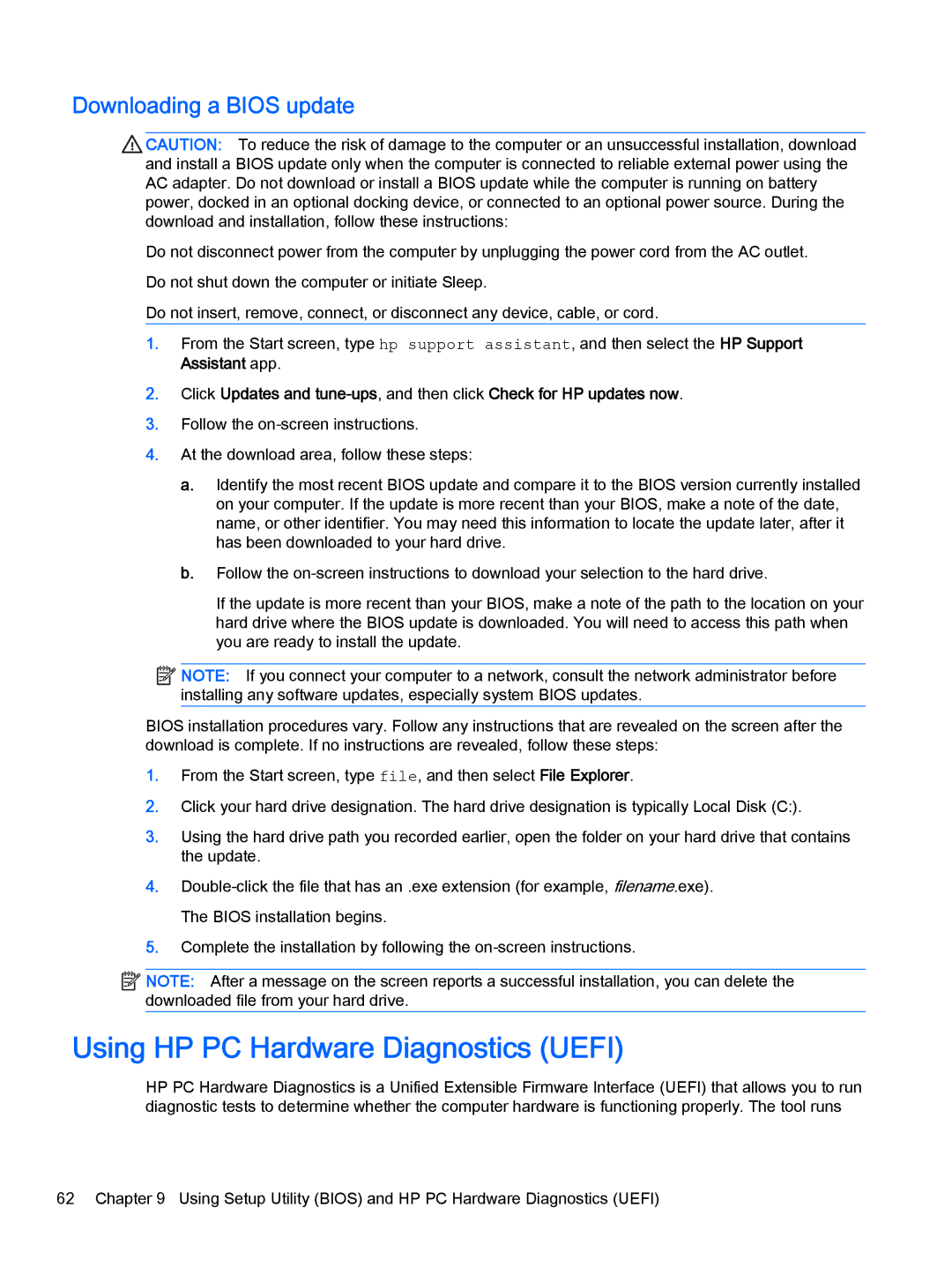 HP 15-u011dx x360, 15-u050ca x360, 15-u010dx x360 manual Using HP PC Hardware Diagnostics Uefi, Downloading a Bios update 