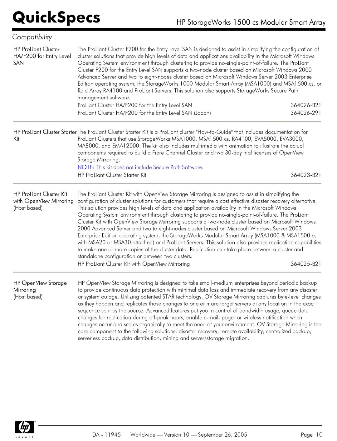 HP 1500 cs manual HP ProLiant Cluster Kit with OpenView Mirroring Host based, HP OpenView Storage 