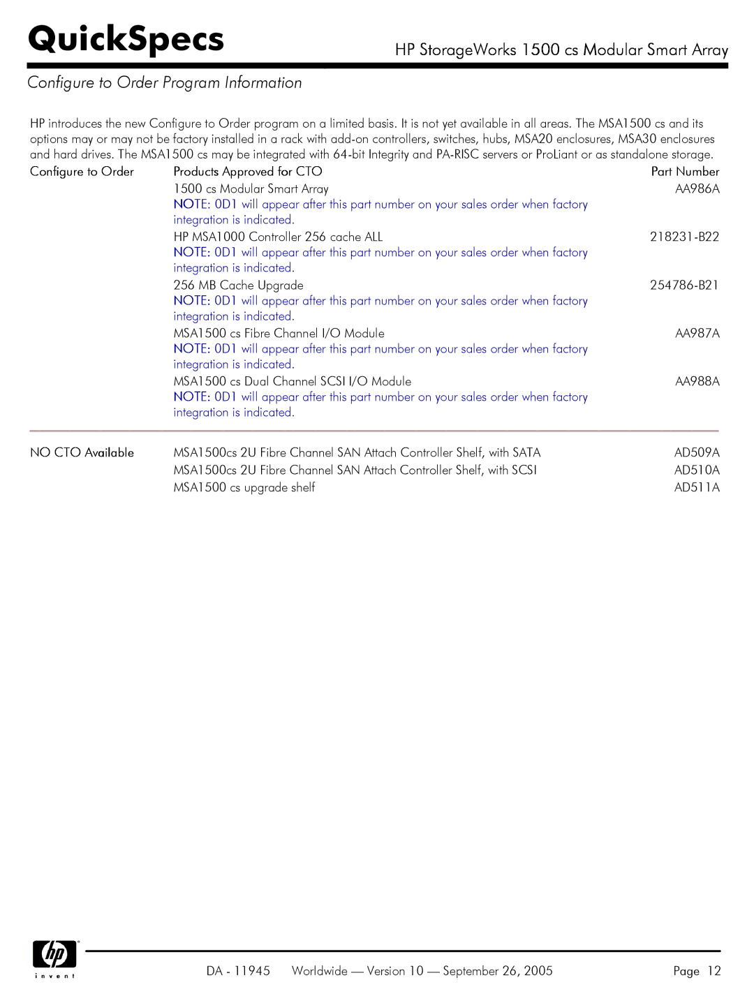 HP 1500 cs manual Configure to Order Program Information, Configure to Order Products Approved for CTO, No CTO Available 