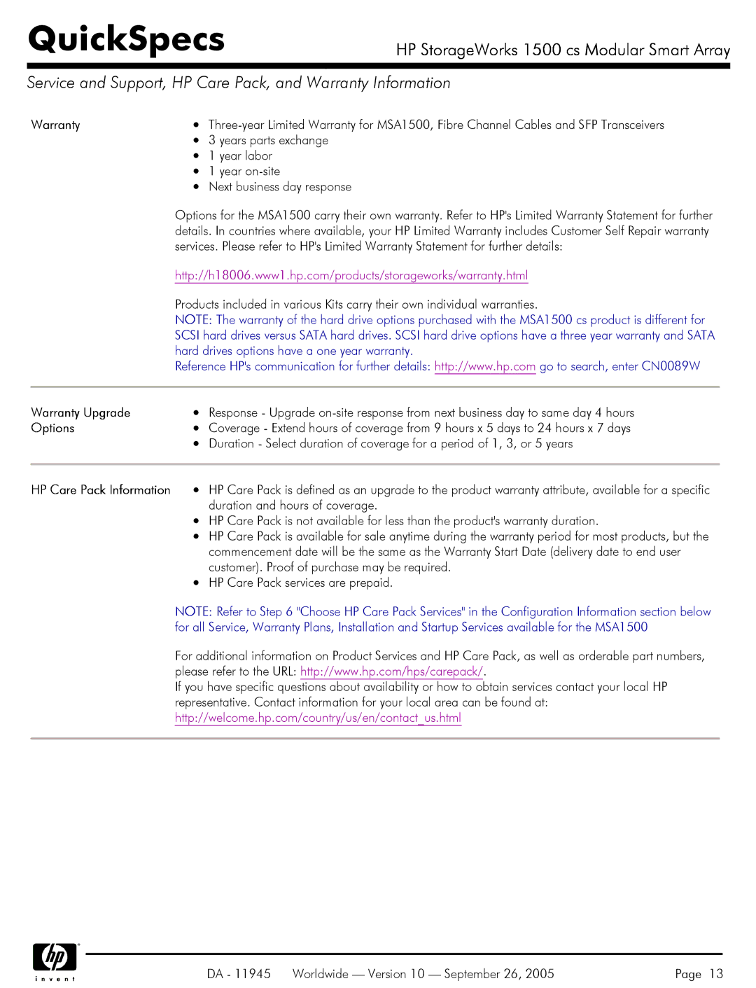 HP 1500 cs manual Service and Support, HP Care Pack, and Warranty Information, Warranty Upgrade, HP Care Pack Information 