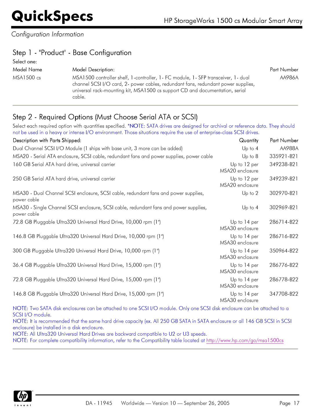 HP 1500 cs manual Product Base Configuration, Required Options Must Choose Serial ATA or Scsi, Configuration Information 