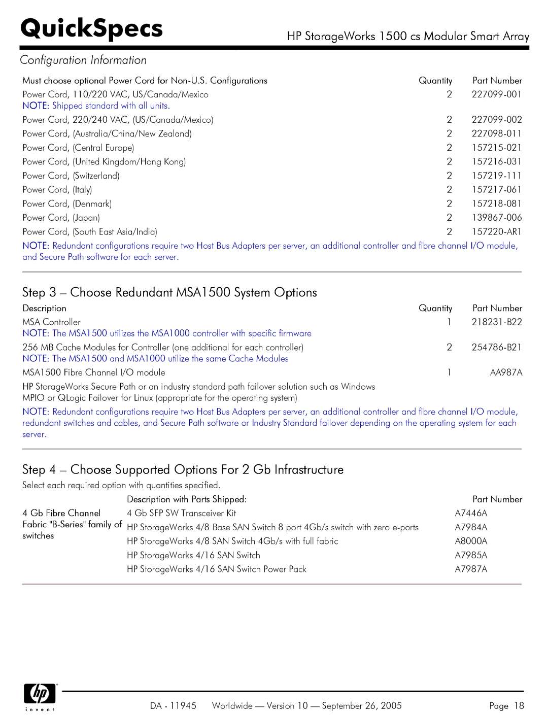 HP 1500 cs Choose Redundant MSA1500 System Options, Choose Supported Options For 2 Gb Infrastructure, Description Quantity 