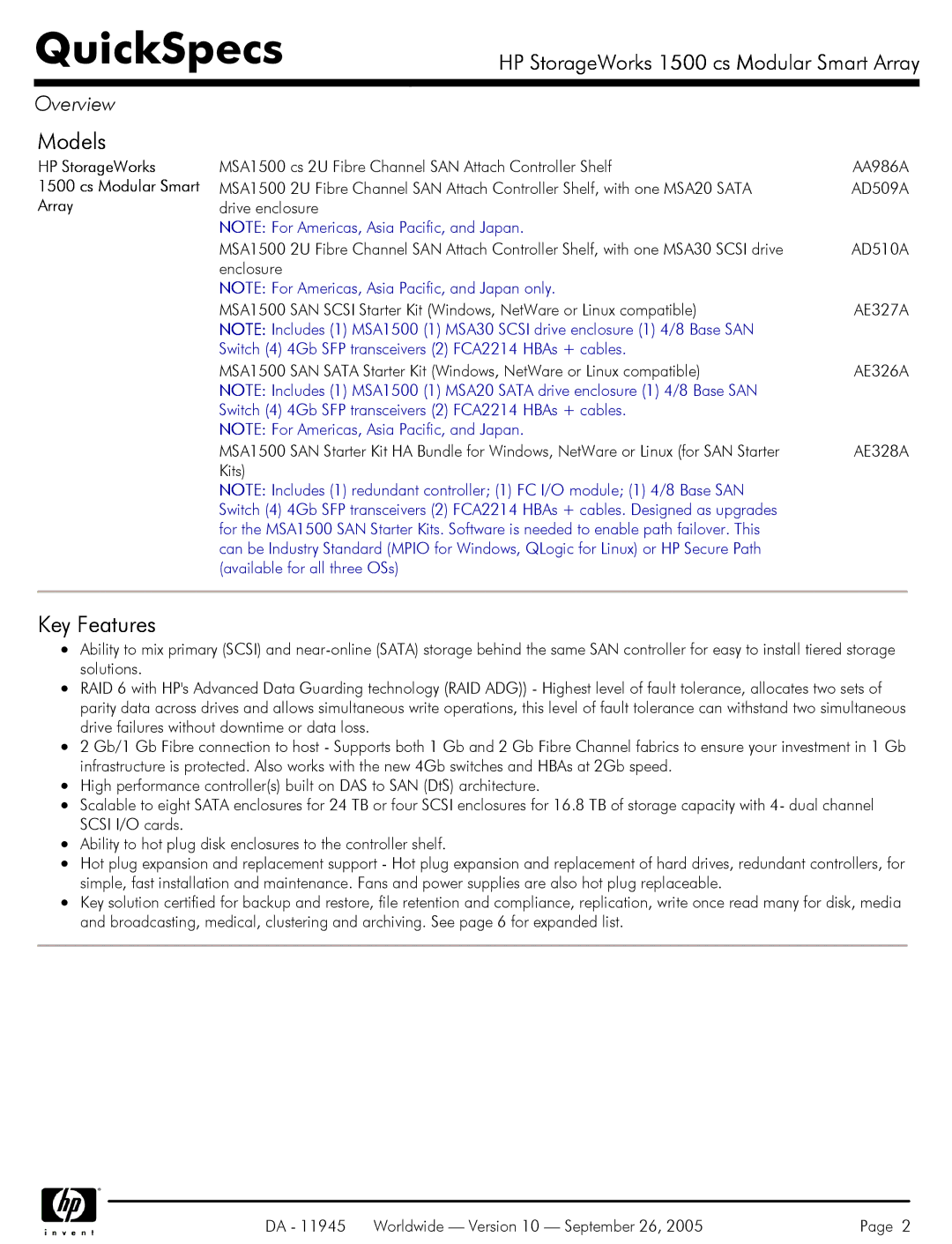 HP 1500 cs manual Models, Key Features, HP StorageWorks Cs Modular Smart Array, Kits 