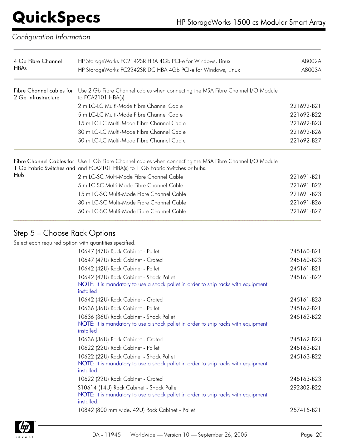 HP 1500 cs manual Choose Rack Options, HBAs, Gb Infrastructure, Fibre Channel Cables for 1 Gb Fabric Switches and Hub 