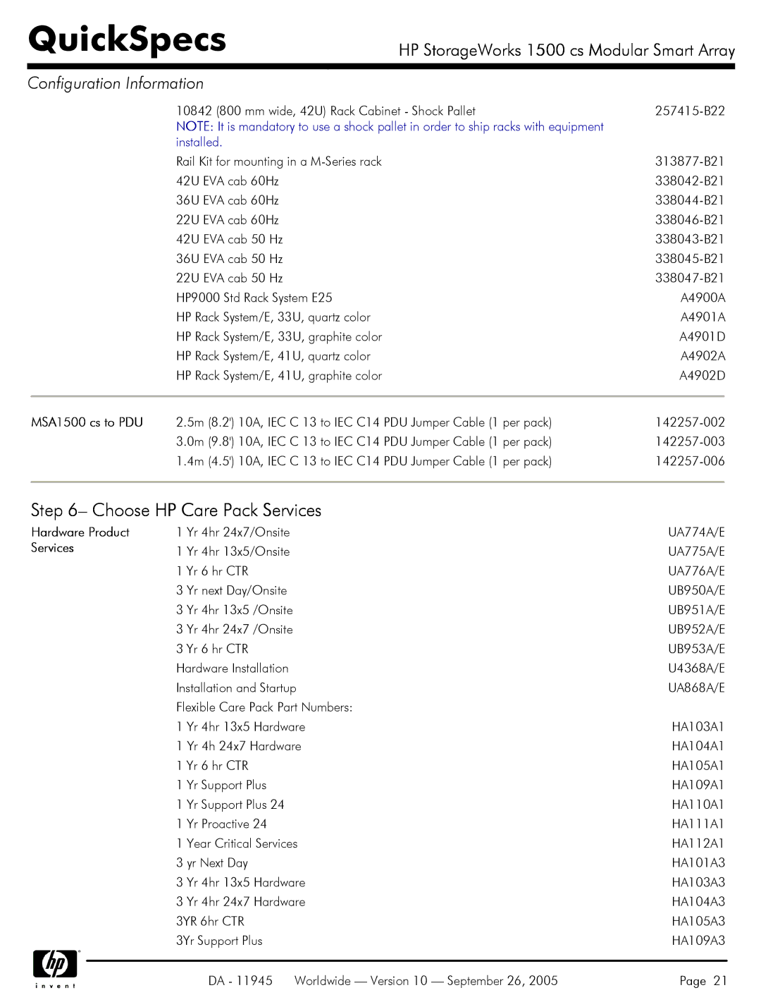 HP manual Choose HP Care Pack Services, MSA1500 cs to PDU 