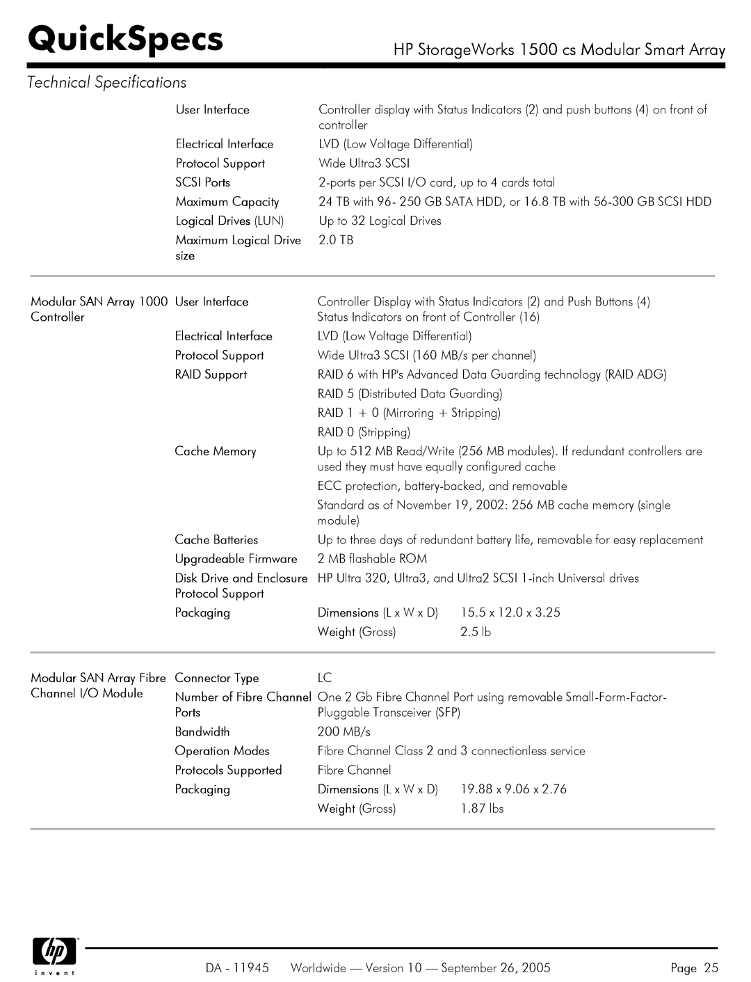 HP 1500 cs User Interface, Electrical Interface, Protocol Support, Scsi Ports, Maximum Capacity, Logical Drives LUN, Size 