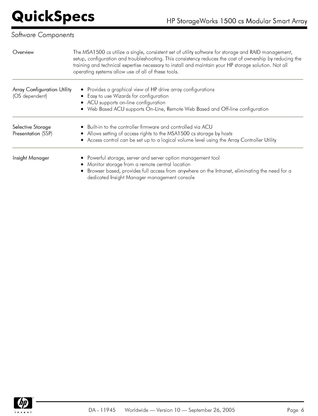 HP 1500 cs manual Software Components, Overview, Selective Storage, Presentation SSP, Insight Manager 