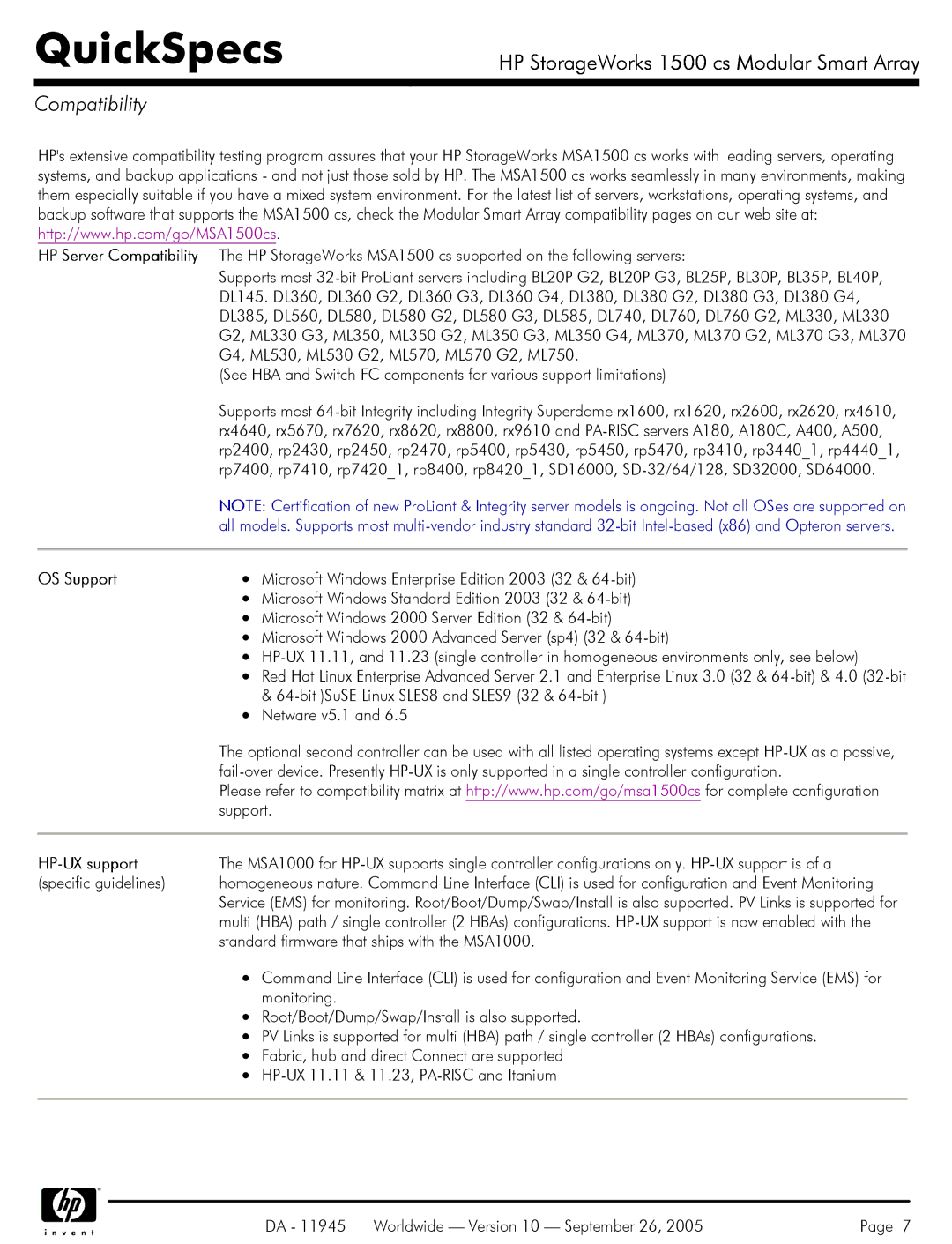 HP 1500 cs manual Compatibility, OS Support, HP-UX support 