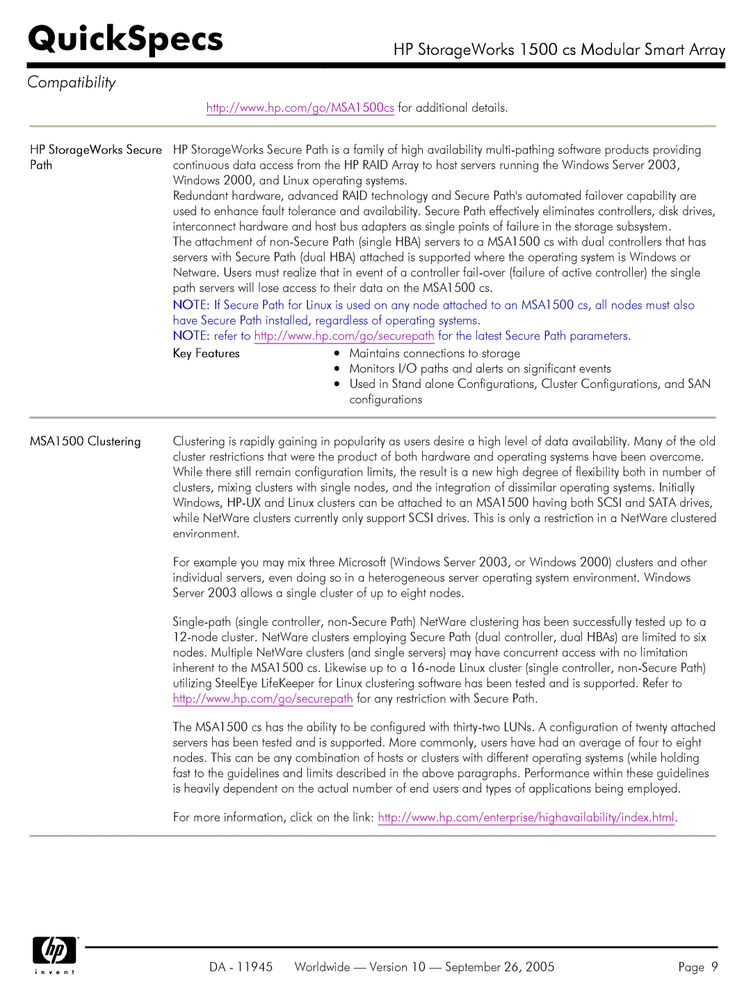 HP 1500 cs manual Key Features, Maintains connections to storage, Monitors I/O paths and alerts on significant events 