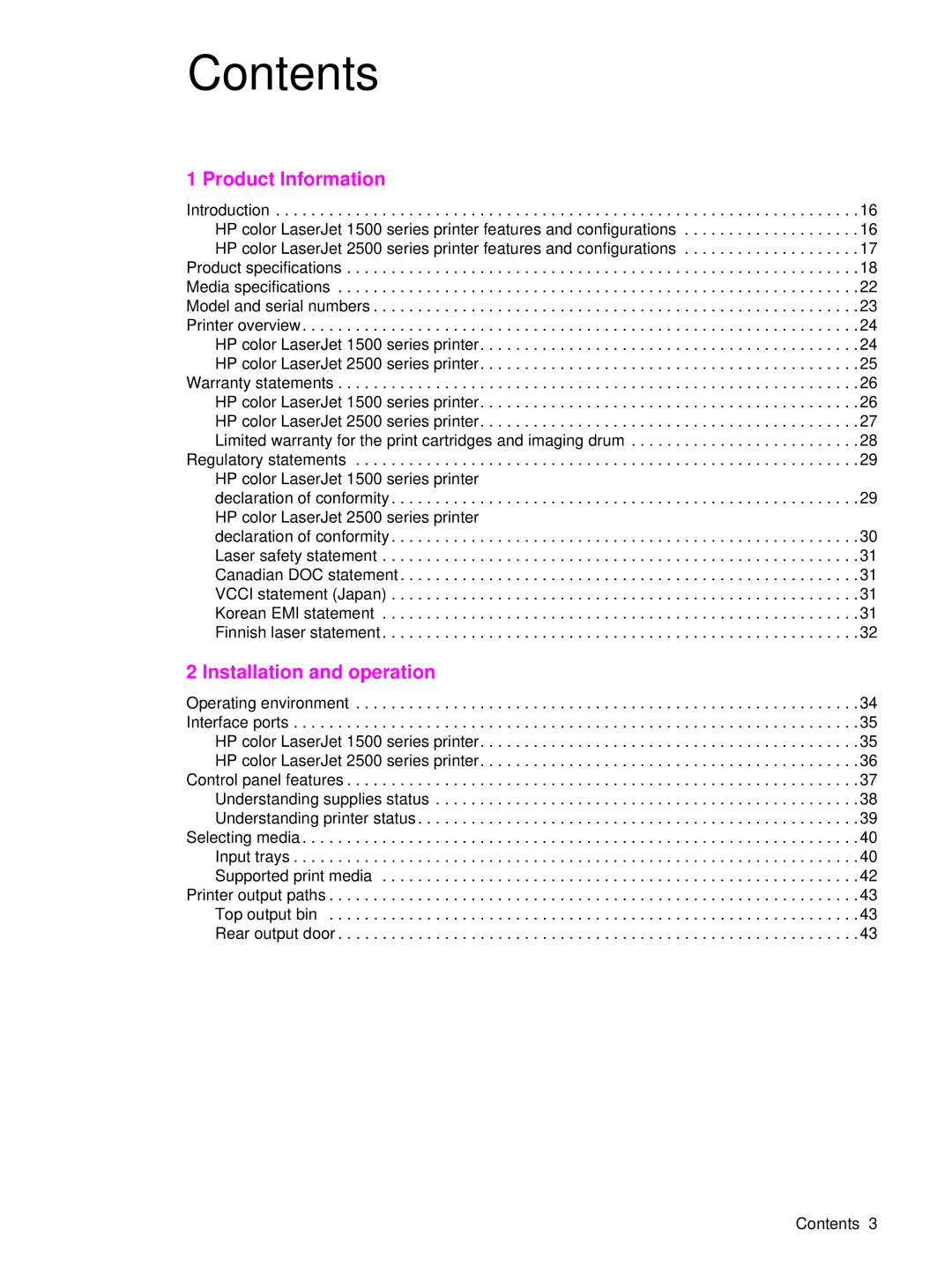 HP 1500 manual Contents 