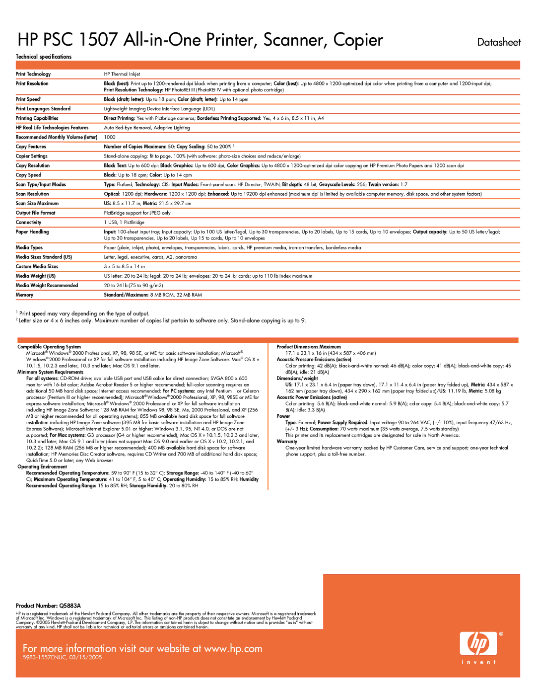 HP 1507 manual Technicalspecifications, Product Number Q5883A, 59835983--1557ENUC,1557ENUC, 03/15/200503/15/2005 