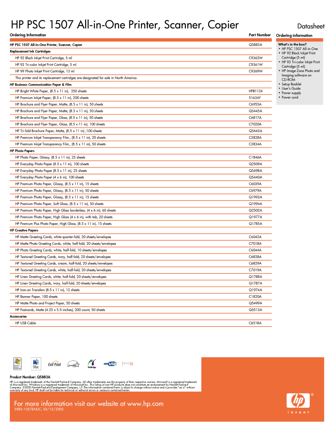 HP 1507 manual Ordering Information, Part Number Ordering information 