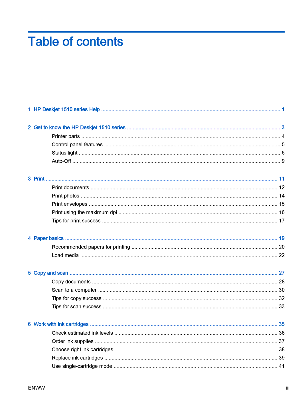 HP 1510, 1513, 1512 manual Table of contents 