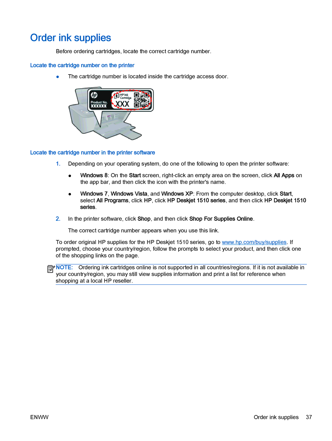 HP 1512, 1510, 1513 manual Order ink supplies, Locate the cartridge number on the printer 