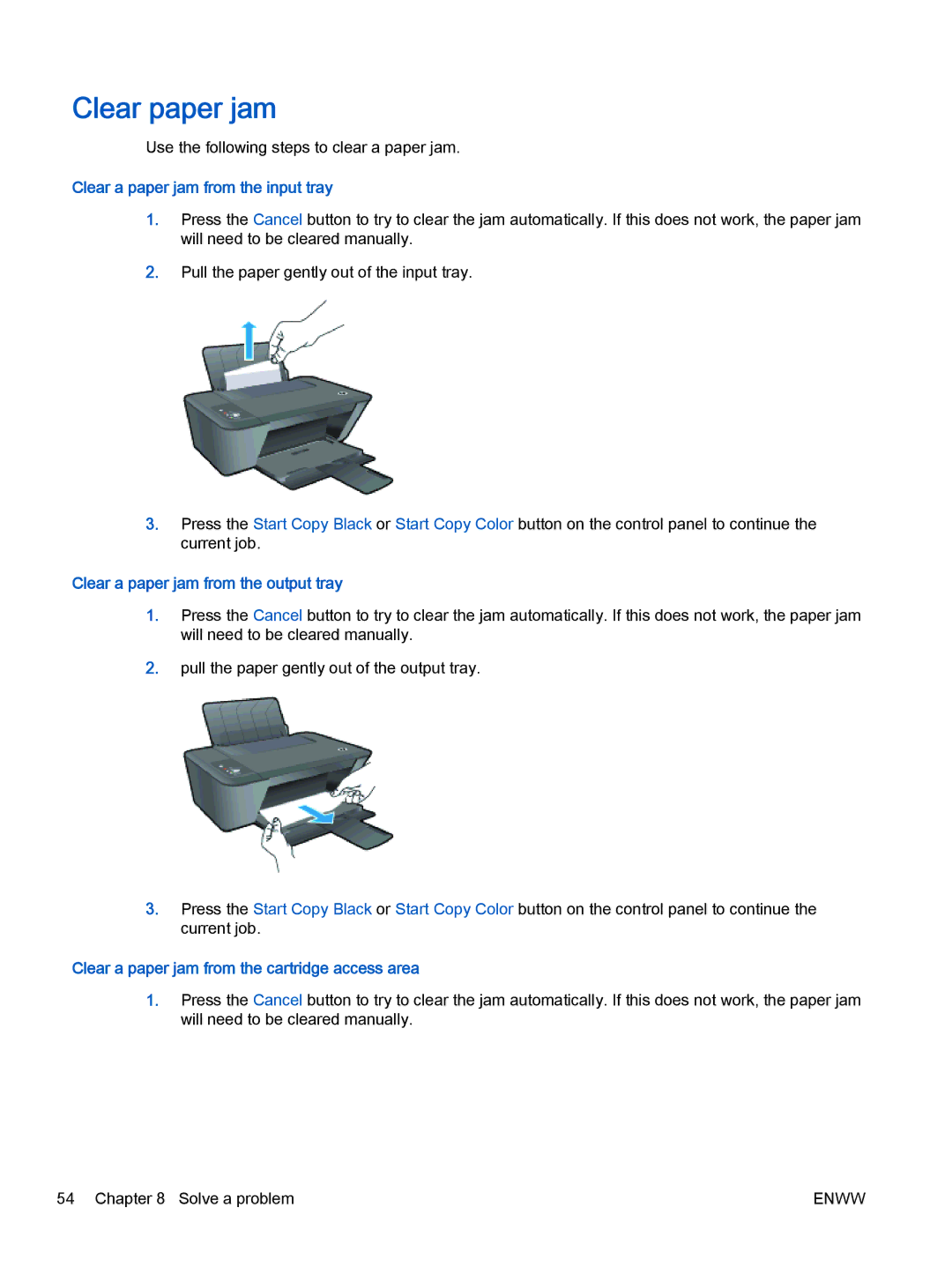 HP 1513, 1510, 1512 manual Clear paper jam, Clear a paper jam from the input tray, Clear a paper jam from the output tray 