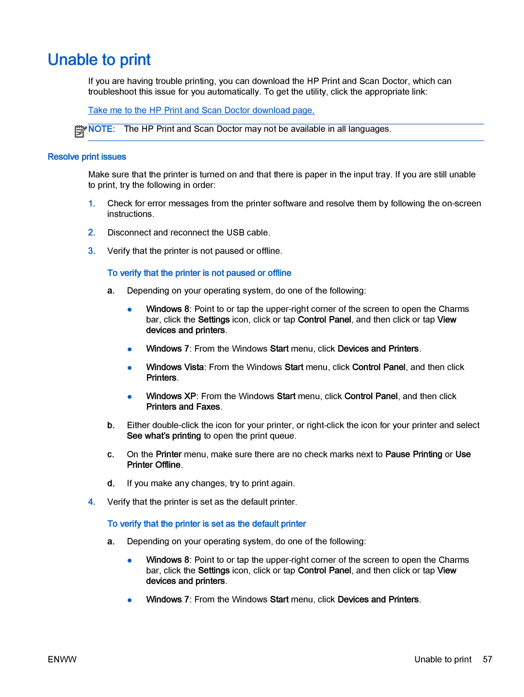 HP 1513, 1510, 1512 manual Unable to print, Resolve print issues, To verify that the printer is not paused or offline 