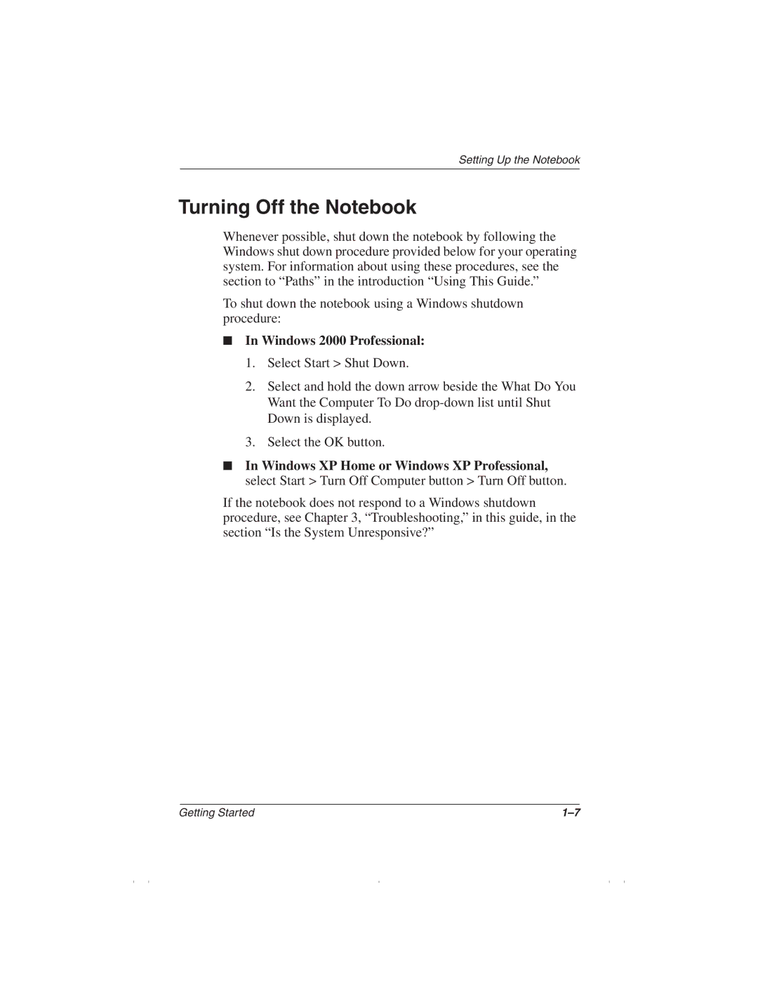 HP 1510AP manual Turning Off the Notebook, Windows 2000 Professional 