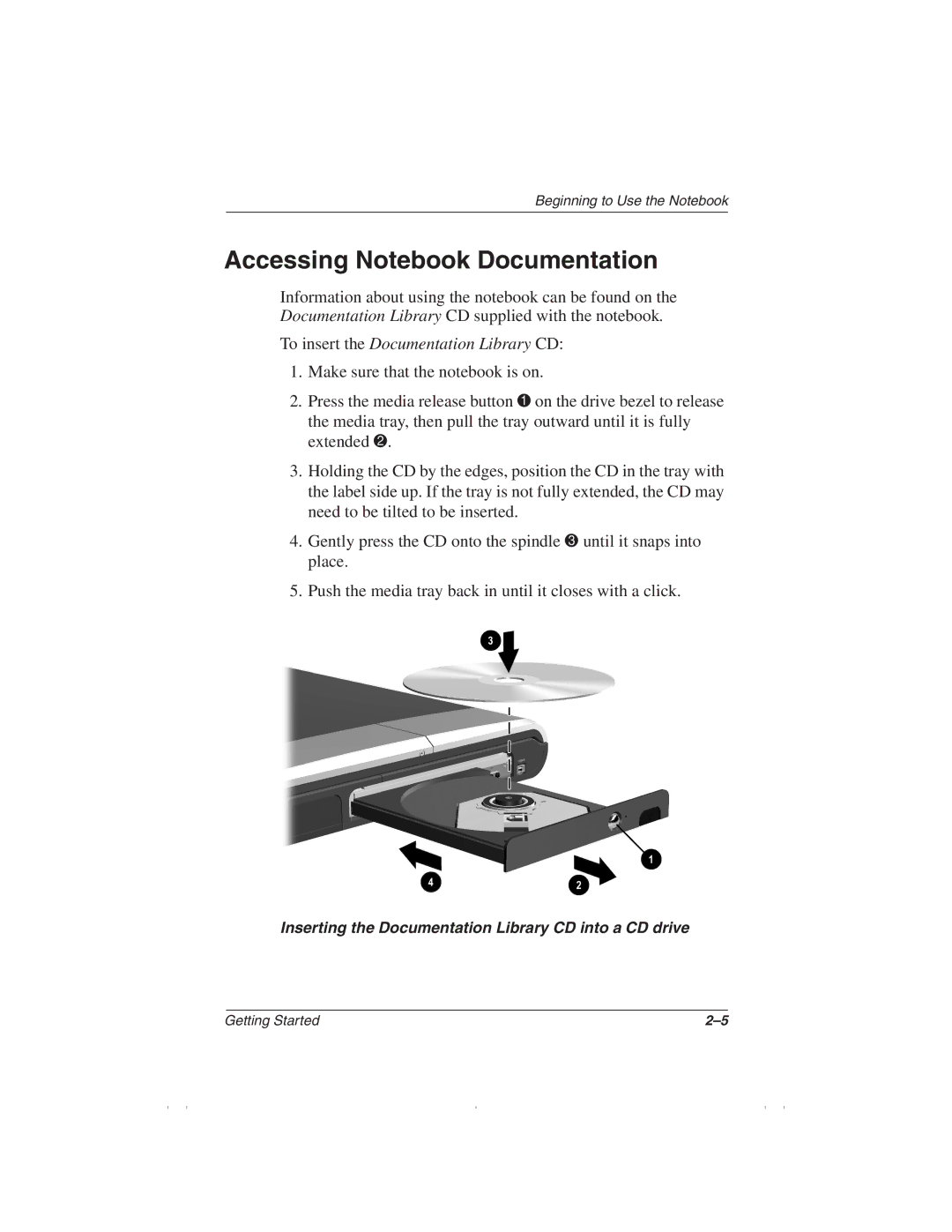 HP 1510AP manual Accessing Notebook Documentation, To insert the Documentation Library CD 