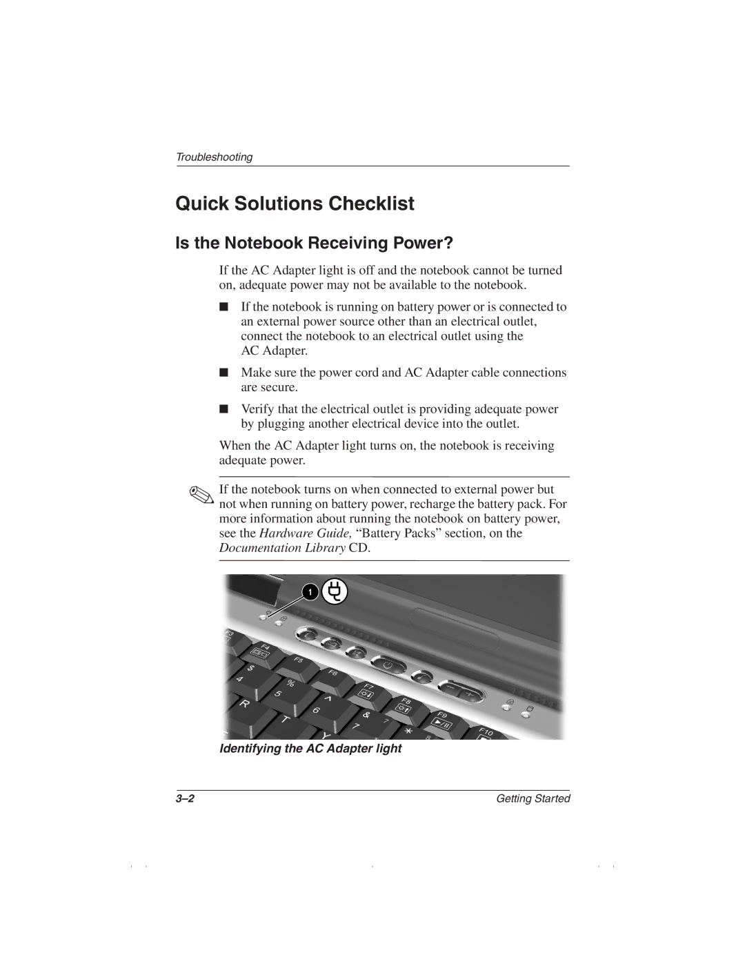 HP 1510AP manual Quick Solutions Checklist, Is the Notebook Receiving Power? 