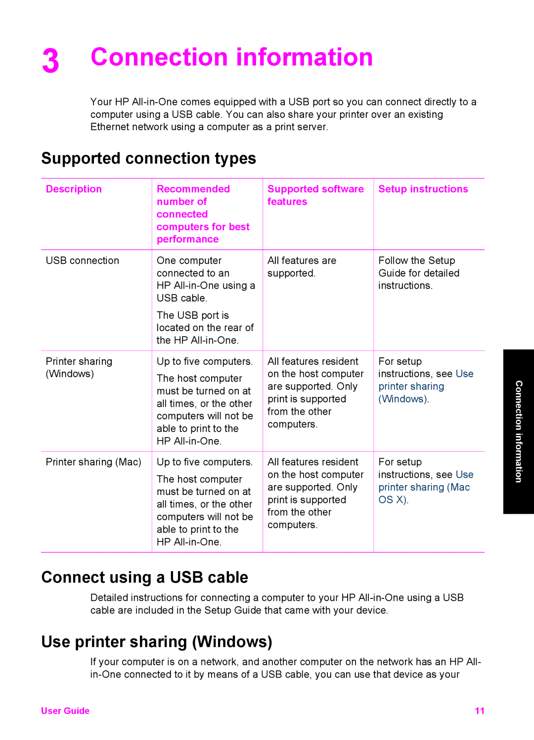 HP 1513, 1510v Connection information, Supported connection types, Connect using a USB cable, Use printer sharing Windows 