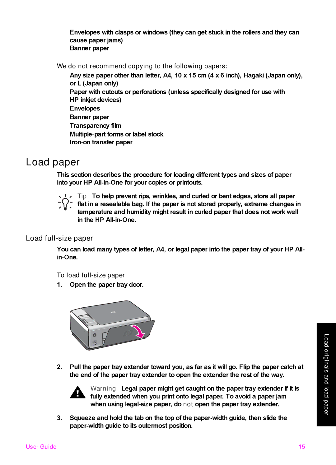 HP 1510v Load paper, Load full-size paper, We do not recommend copying to the following papers, To load full-size paper 