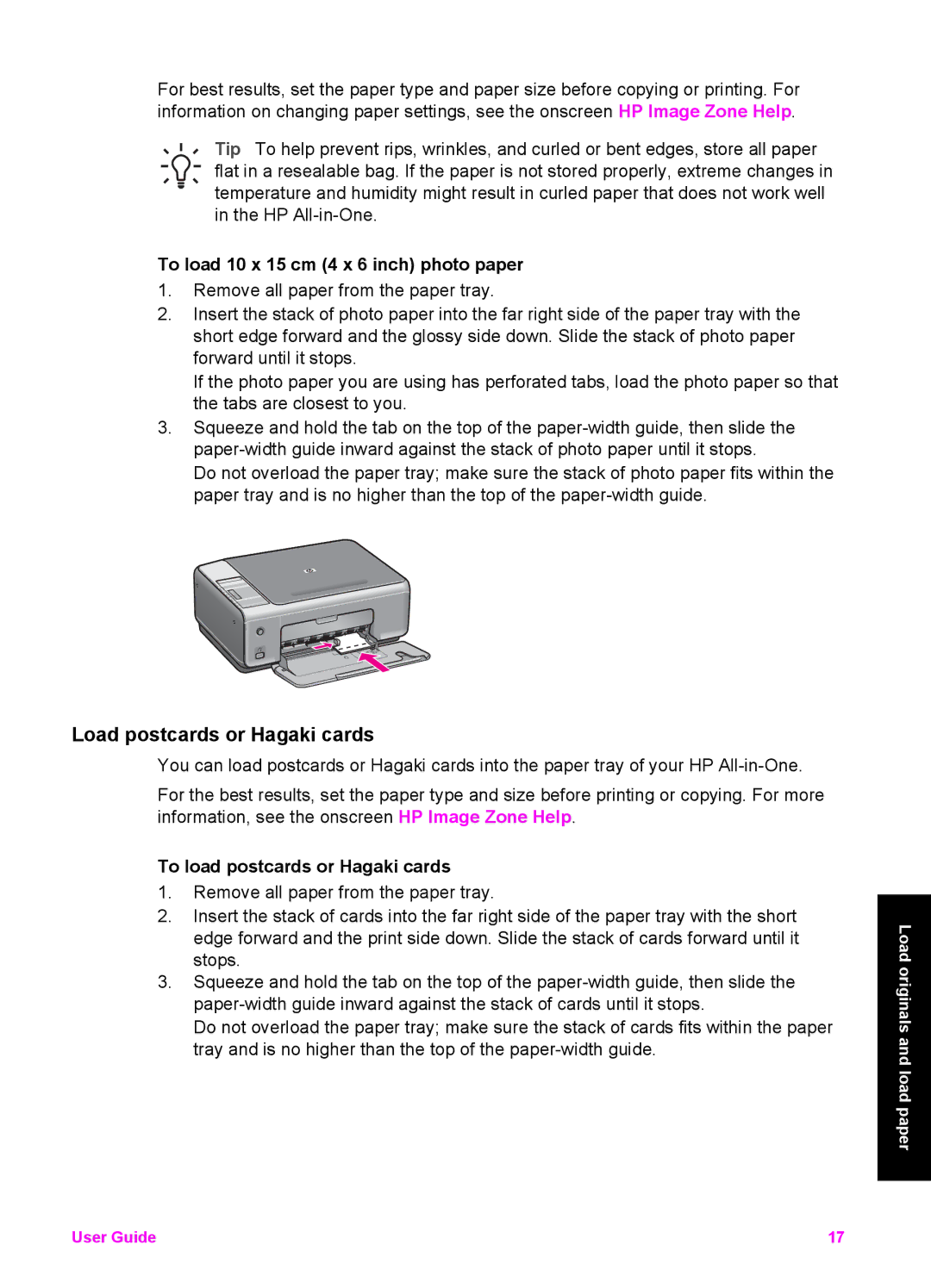 HP 1513 manual Load postcards or Hagaki cards, To load 10 x 15 cm 4 x 6 inch photo paper, To load postcards or Hagaki cards 