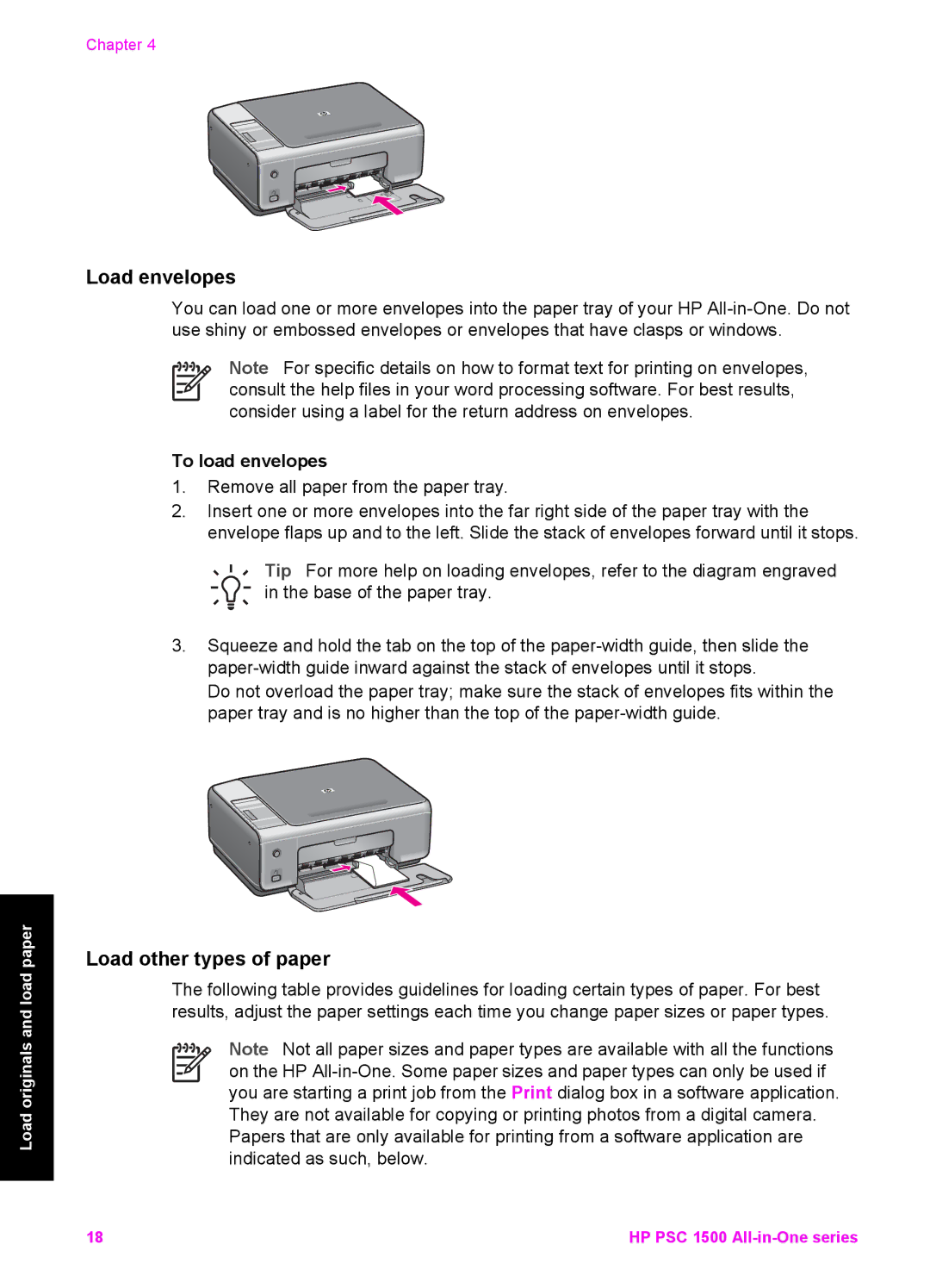 HP 1510v, 1510xi, 1513 manual Load envelopes, Load other types of paper, To load envelopes 