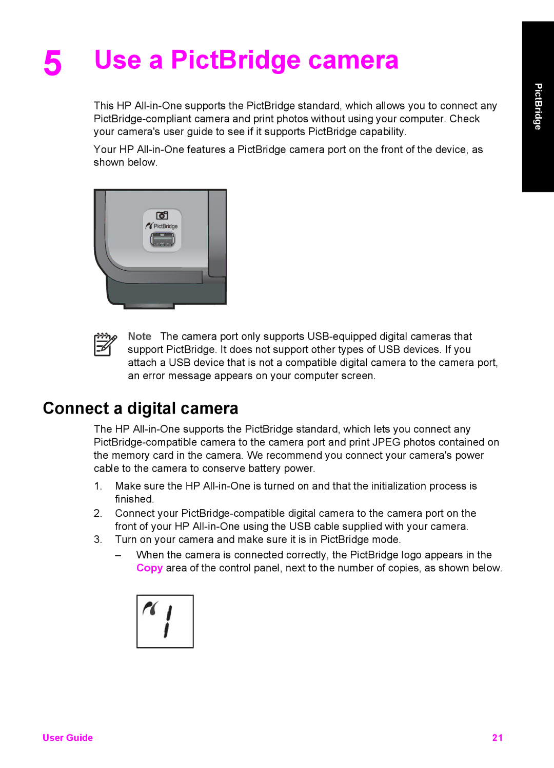 HP 1510v, 1510xi, 1513 manual Use a PictBridge camera, Connect a digital camera 