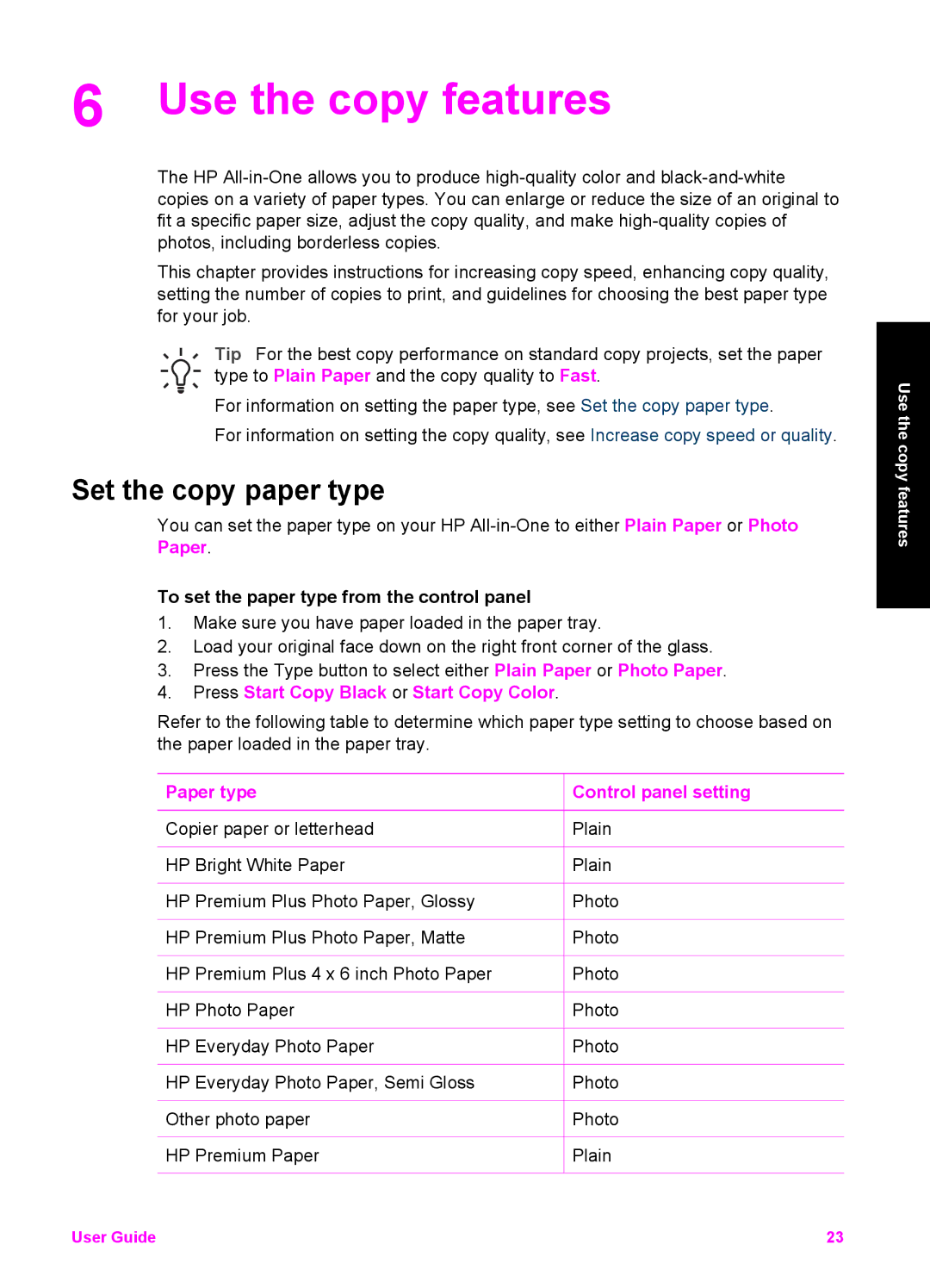 HP 1513, 1510v, 1510xi manual Use the copy features, Set the copy paper type, To set the paper type from the control panel 